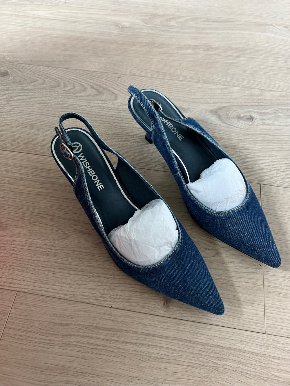 Wishbone Denim Pointed Slingback Mules - Blue